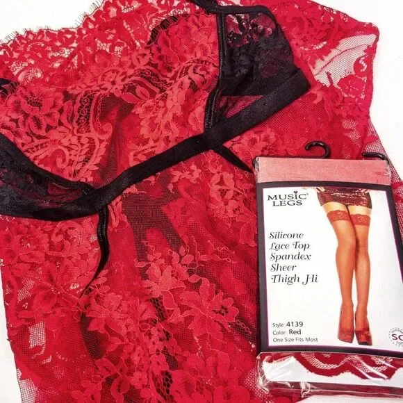 Lacey Red Sweetheart Chemise & Sheer Thigh Highs Sz L - Picture 7 of 14